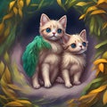 Painting of some beautiful adorable kittens cuddled up together. generative AI Royalty Free Stock Photo