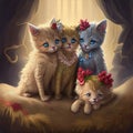 Painting of some beautiful adorable kittens cuddled up together with flower luxury background. generative AI Royalty Free Stock Photo