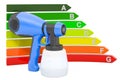 Painting spray gun with energy efficiency chart, 3D rendering