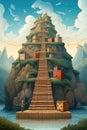 A painting of a staircase leading to a castle, AI