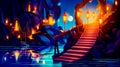 Painting of stairway leading to pier with lanterns on top of it. Generative AI