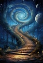 A painting of a stairway leading to a spiral staircase, AI