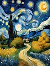 A painting of a starry night in a small village with tree, flowers, moon, street, in artistic style, wallart, design, nature