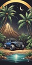 Offroad Car in the Jungle: Illustration of a Vehicle Exploring a Tropical Forest Near a River