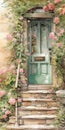 Delicately Detailed Watercolor Painting Of A Green Door With Pink Roses
