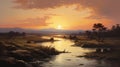 Antique River Sunset Painting In The Style Of Noah Bradley