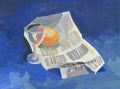 Painting, still life with a newspaper, a glass and an orange Royalty Free Stock Photo