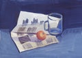 Painting, still life with a newspaper, a glass and an orange Royalty Free Stock Photo