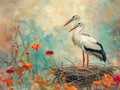 Painting of storks nesting in the treetops in a dreamlike nature