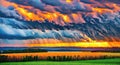 a painting of storm clouds over a green field Royalty Free Stock Photo