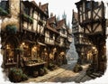 street in a medieval city with ancient houses and shops lining a cobbled street Royalty Free Stock Photo