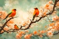 painting style illustration wallpaper of two birds on blossom tree branch Generated Ai Royalty Free Stock Photo