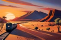 a painting in the style of Tom Whalen, of outback australia with a diesel train and a setting sun