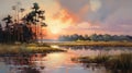 Antique Painting Of Sunset Over Marsh With Striking Brush Strokes Royalty Free Stock Photo