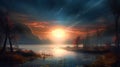 a painting of the sun setting over a lake with trees in the foreground and a sky filled with clouds in the background with stars Royalty Free Stock Photo