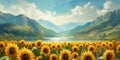 Painting of sunflowers, lakes and mountains