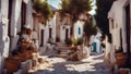 painting of a traditional greek village street with ancient white houses in summer sunlight