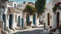 painting of a traditional greek village street with ancient white houses in summer sunlight