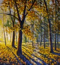 Painting Sunny autumn day in yellow forest