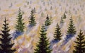 painting sunny winter with green fir trees in field landscape modern minimalism artwork