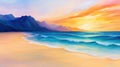 A painting of a sunset on the beach with mountains in background, AI Royalty Free Stock Photo