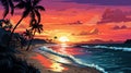 Painting of a Sunset Beach Scene with Palm Trees and Hut Royalty Free Stock Photo