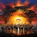 a painting of a sunset with a herd of animals