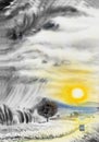 Painting of sunset on mountain and rain cloud,windy. Royalty Free Stock Photo