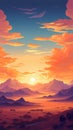 A painting of a sunset with mountains in the background Royalty Free Stock Photo