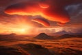 a painting of a sunset over a desert with a mountain in the distance and clouds in the sky with a red and orange hued sky Royalty Free Stock Photo