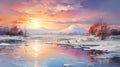 A painting of a sunset over a frozen lake. Royalty Free Stock Photo