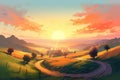 a painting of a sunset over a hilly countryside with a winding road leading to a distant hill with trees and a fence in the
