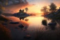 a painting of a sunset over a lake with a castle in the distance. Royalty Free Stock Photo