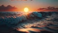 a painting of a sunset over the ocean with a wave coming towards the shore and the sun in the distan Royalty Free Stock Photo