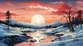 A painting of a sunset over a snowy river.