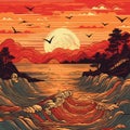 Painting Of Sunset Over Water: Digital Art