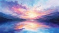 A painting of a sunset over water with mountains in the background, AI Royalty Free Stock Photo