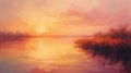 A painting of a sunset over water with some grass, AI Royalty Free Stock Photo