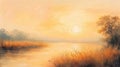 A painting of a sunset over the water with some grass, AI Royalty Free Stock Photo