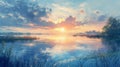 A painting of a sunset over the water with some grass, AI Royalty Free Stock Photo