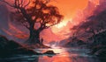 Painting of a sunset with a tree in the foreground and a body of water in a fairy tale style in red tones. AI generated, AI Royalty Free Stock Photo