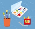 Painting supplies watercolors, brushes and crayons. Vector illustration in a flat style. Children Print