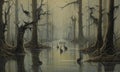 Painting of a surreal and eerie flooded forest