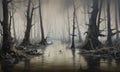 Painting of a surreal and eerie flooded forest