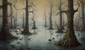 Painting of a surreal and eerie flooded forest