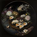 a painting of sushi and flowers on a black plate with a gold rimmed plate holding sushi and flowers