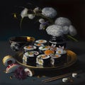 a painting of sushi and flowers on a plate with chopsticks and a bowl of rice on a table with chopst Royalty Free Stock Photo