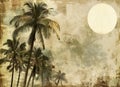 A painting of palm trees under a full moon in the sky Royalty Free Stock Photo