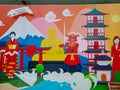 painting the theme of Japanese people and Japanese buildings