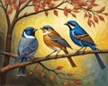 A painting of three birds sitting on a tree branch. Beautiful picture of cute birds. Royalty Free Stock Photo